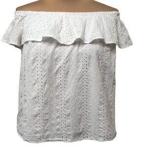 Anthropologie Eri + Ali White Off Shoulder Ruffle Eyelet Embroidered Top Size S